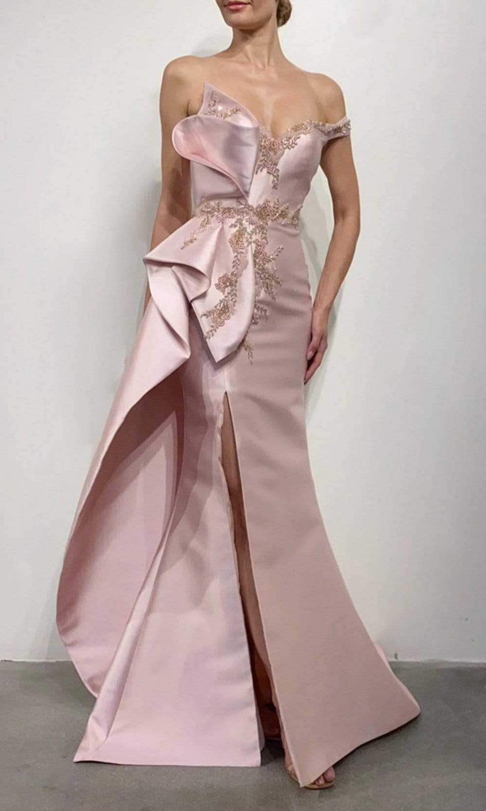 Terani Couture, Terani Couture - 2111E4757 Bead-Ornate Draped High Slit Gown