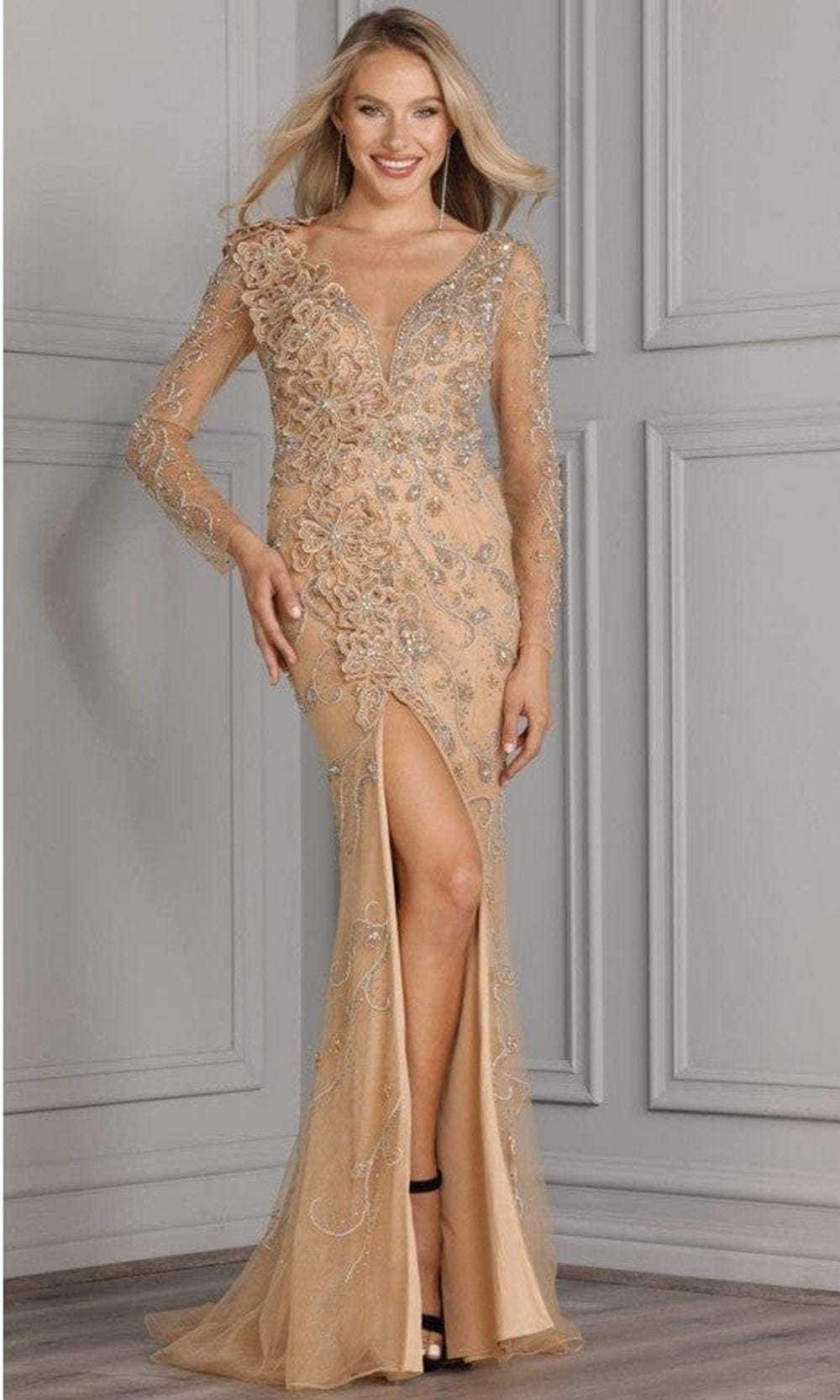 Terani Couture, Terani Couture - 2111GL5023 Plunging V-Neck Appliqued Gown