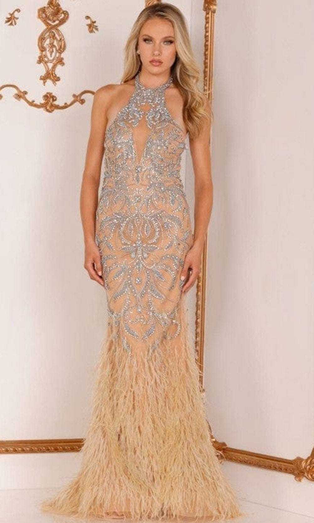 Terani Couture, Terani Couture - 2111GL5026 Beaded Halter Feathered Gown