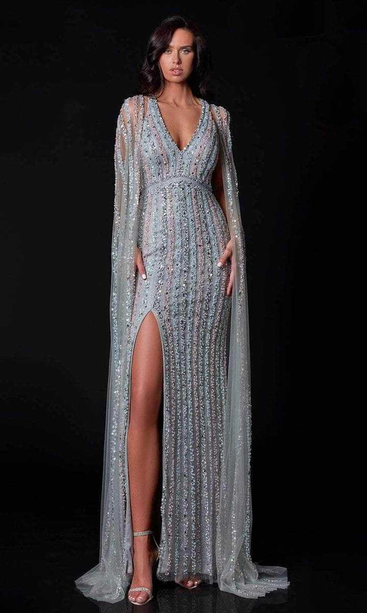 Terani Couture, Terani Couture - 2111GL5059 Embellished V-neck Long Gown with Cape - 1 pc Silver Blush In Size 16 Available