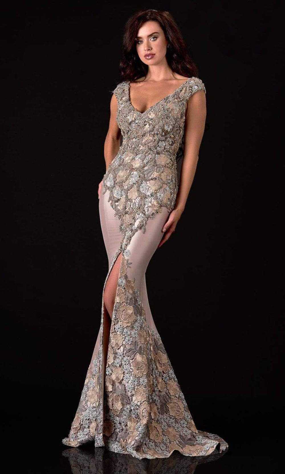 Terani Couture, Terani Couture - 2111M5302 Floral Embroidered Trumpet Dress with Slit