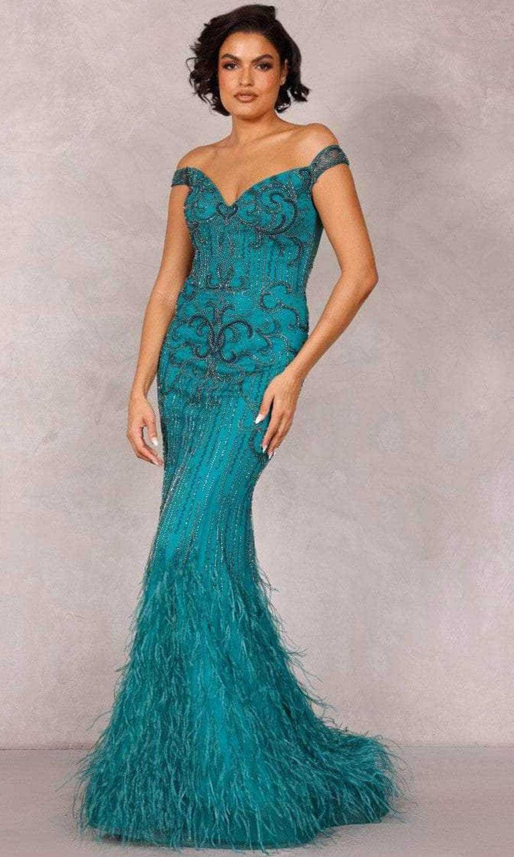 Terani Couture, Terani Couture 2214GL0113 - Feather-Ornate Beaded Evening Dress