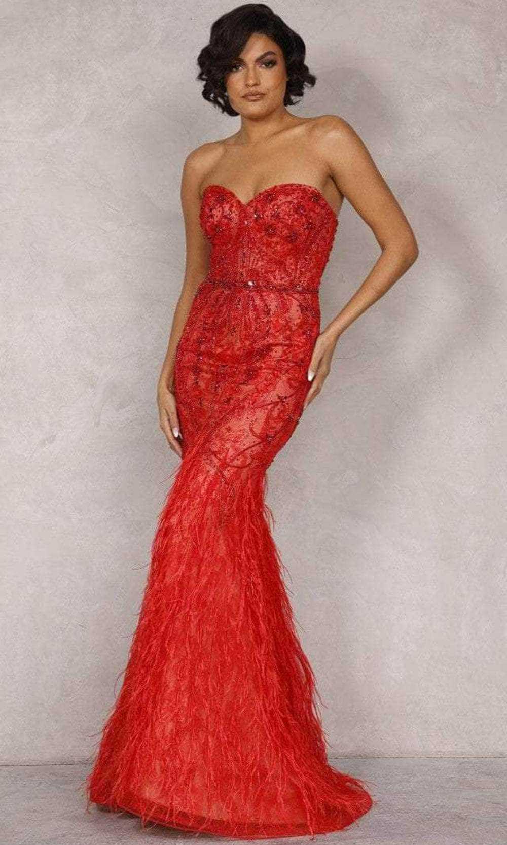 Terani Couture, Terani Couture 2221GL0414 - Strapless Feather Trumpet Evening Dress