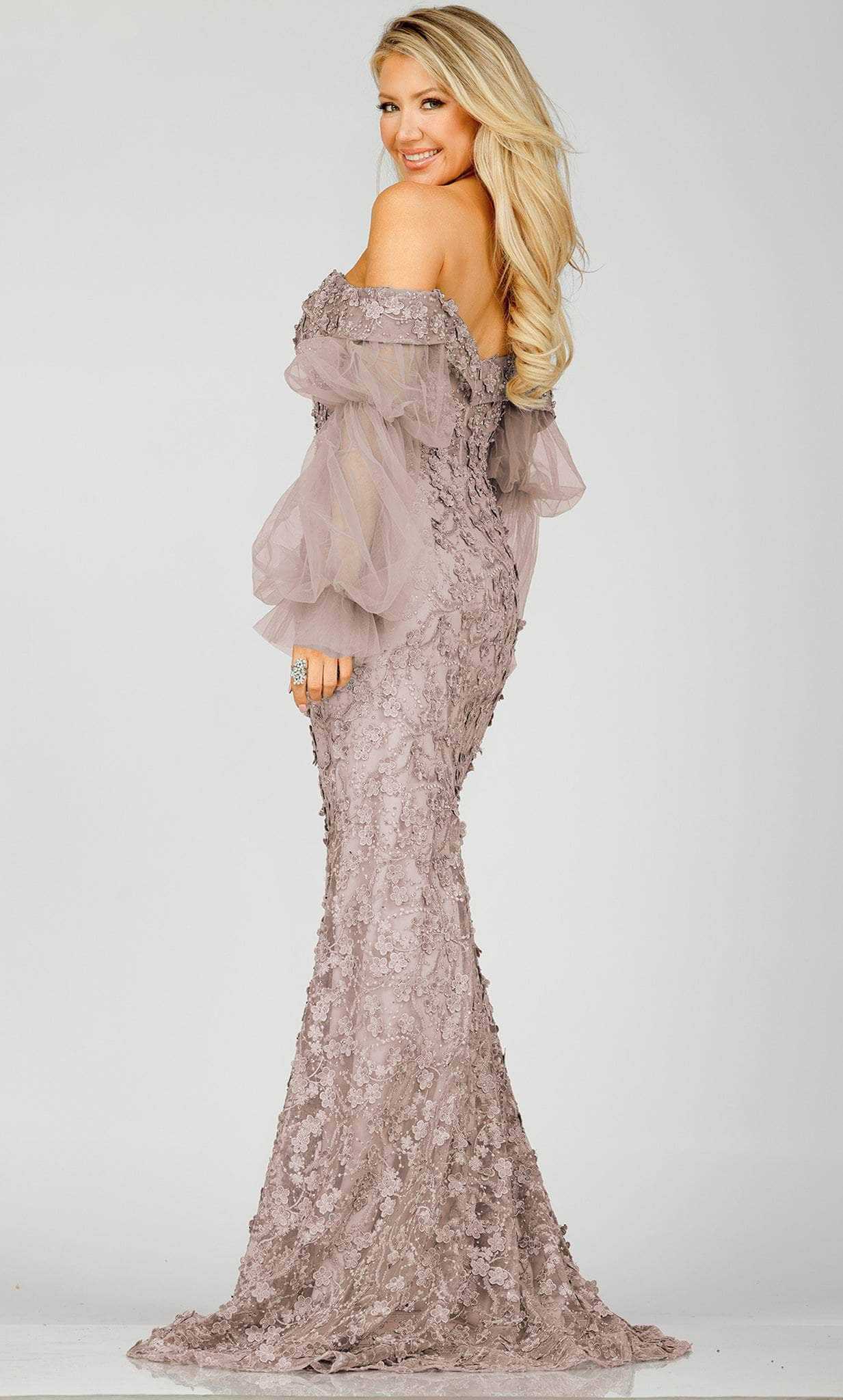 Terani Couture, Terani Couture 231E0515 - Off-Shoulder Sheer Sleeves Evening Gown