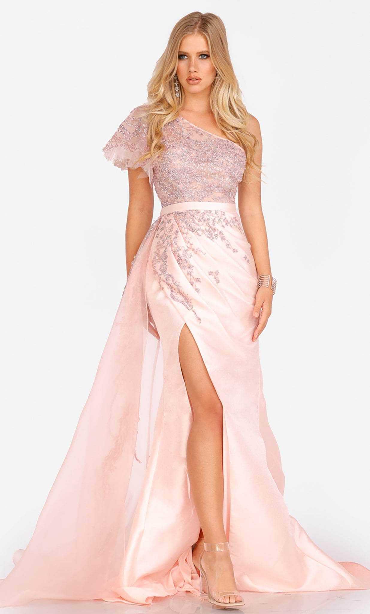 Terani Couture, Terani Couture 231E0517 - Ruffled One-Sleeve Asymmetrical Prom Gown