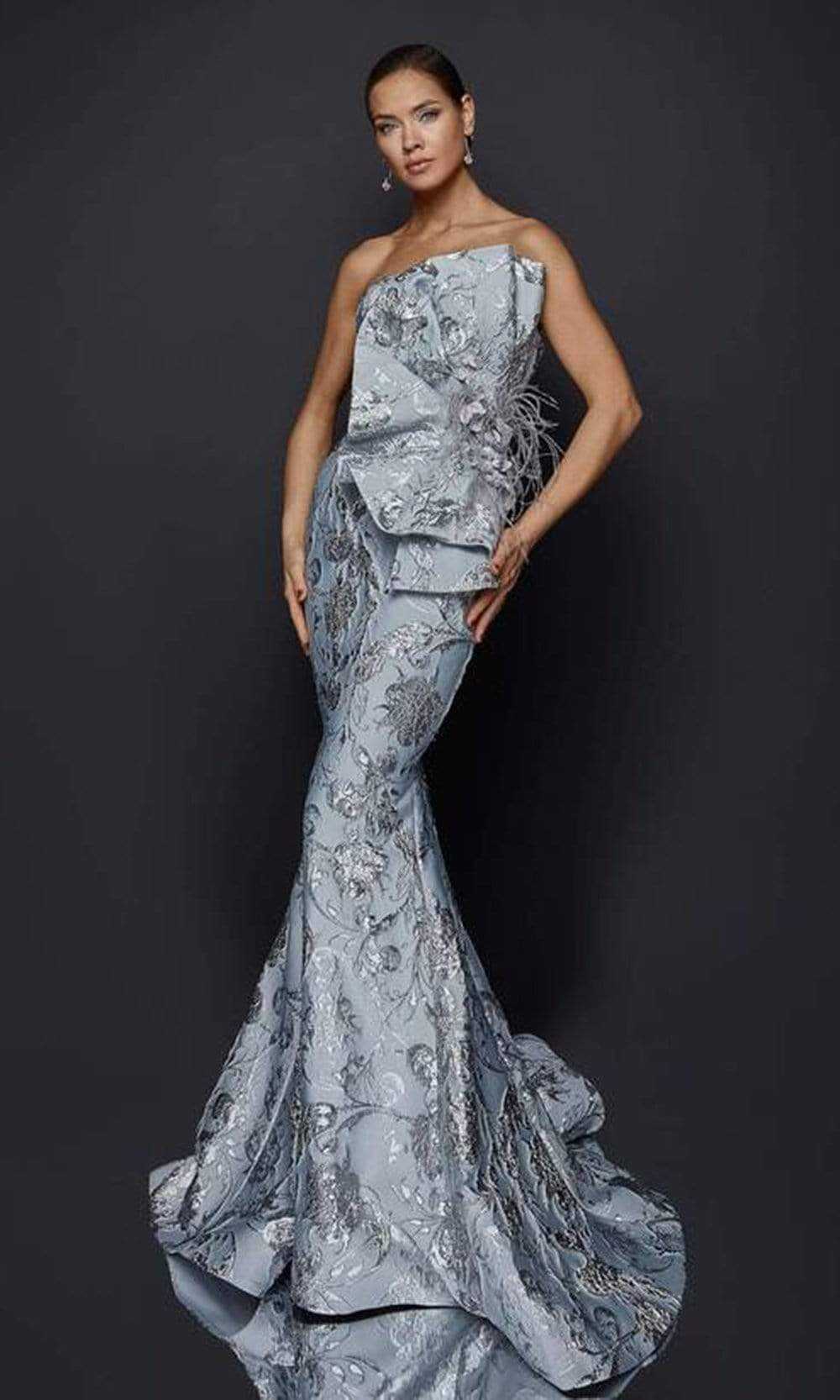 Terani Couture, Terani Couture - Pleat Fan Jacquard Mermaid Gown - 1 pc Silver In Size 14 Available